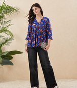 Rayon Floral Handprinted Blue Short Kurti