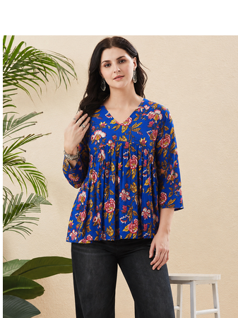 Rayon Floral Handprinted Blue Short Kurti 2