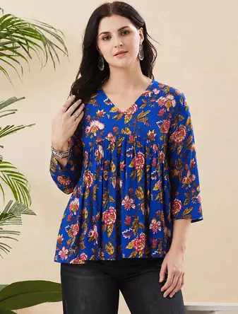 Rayon Floral Handprinted Blue Short Kurti