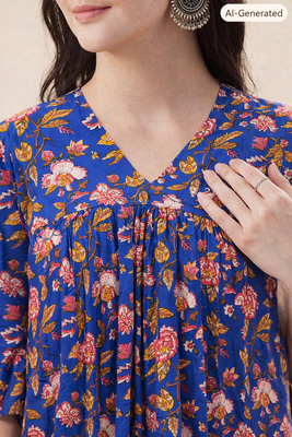 Rayon Floral Handprinted Blue Short Kurti 3