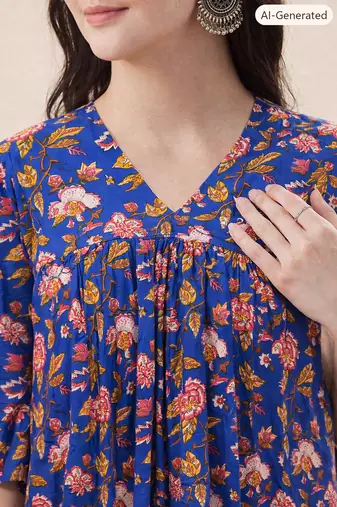 Rayon Floral Handprinted Blue Short Kurti