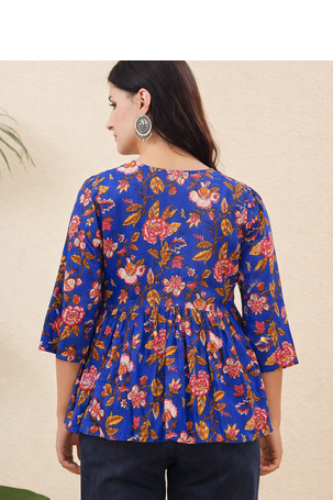 Rayon Floral Handprinted Blue Short Kurti 4