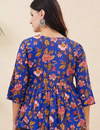 Rayon Floral Handprinted Blue Short Kurti