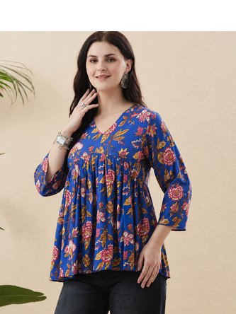 Rayon Floral Handprinted Blue Short Kurti 5