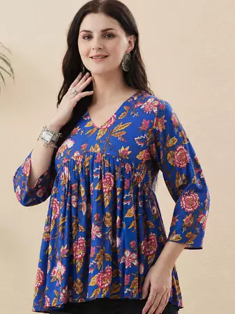 Rayon Floral Handprinted Blue Short Kurti