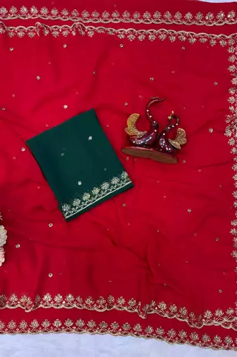 Red Color  Beautiful sequins Embroidery Work Georgette Saree