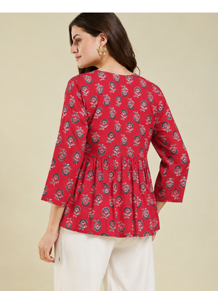 rayon floral handprinted RED short kurti 2