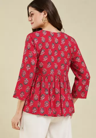 rayon floral handprinted RED short kurti