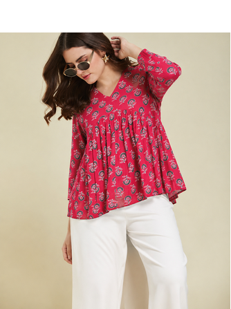 rayon floral handprinted RED short kurti 3
