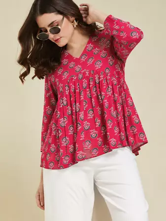 rayon floral handprinted RED short kurti