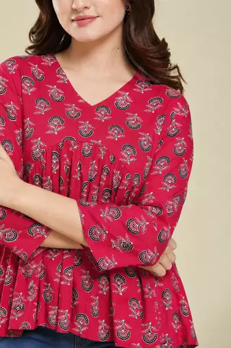 rayon floral handprinted RED short kurti