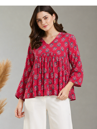 rayon floral handprinted RED short kurti 5