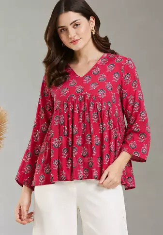 rayon floral handprinted RED short kurti