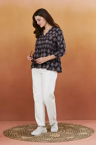 rayon floral handprinted black short kurti