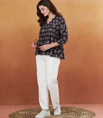 rayon floral handprinted black short kurti