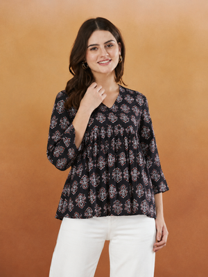 rayon floral handprinted black short kurti 2