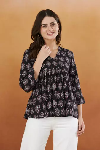 rayon floral handprinted black short kurti
