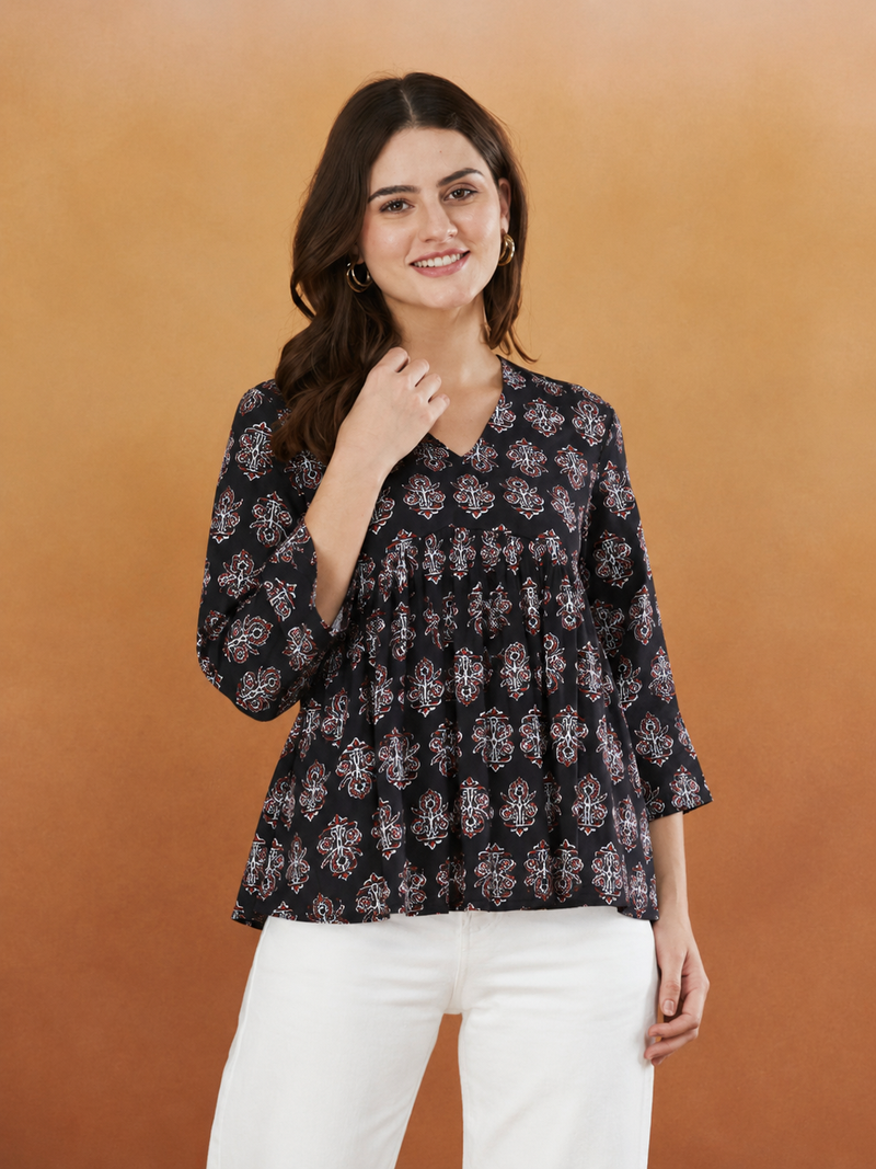 rayon floral handprinted black short kurti