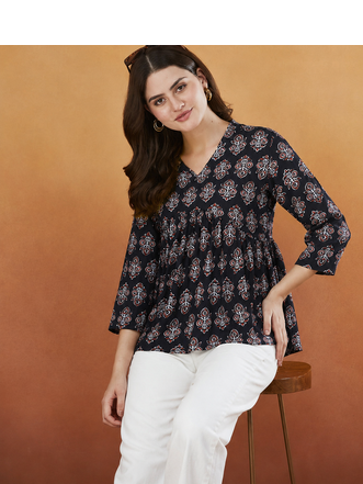 rayon floral handprinted black short kurti 3
