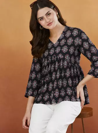 rayon floral handprinted black short kurti