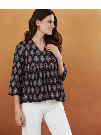 rayon floral handprinted black short kurti 4