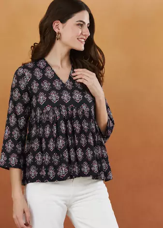 rayon floral handprinted black short kurti