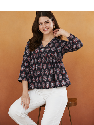 rayon floral handprinted black short kurti 5