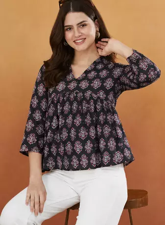 rayon floral handprinted black short kurti