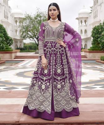 Purple net semi stitched anarkali suit with embroidery & stone work 1