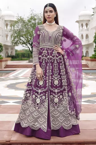 Purple net semi stitched anarkali suit with embroidery & stone work