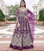 Purple net semi stitched anarkali suit with embroidery & stone work
