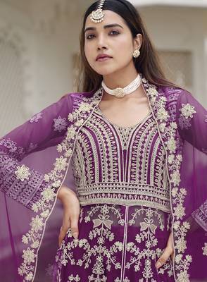 Purple net semi stitched anarkali suit with embroidery & stone work 2