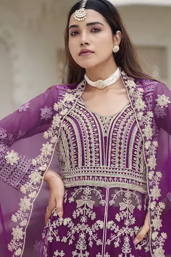 Purple net semi stitched anarkali suit with embroidery & stone work