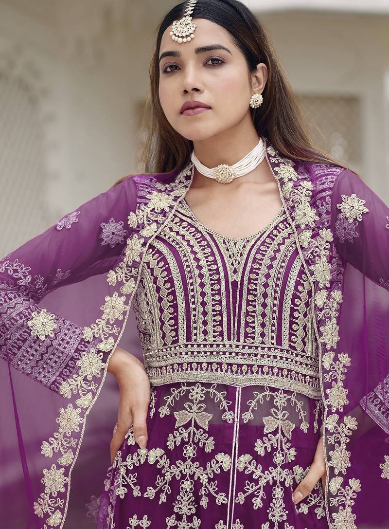 Purple net semi stitched anarkali suit with embroidery & stone work