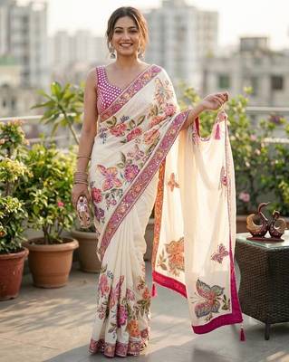 White Color Sequins and Real mirror work with tussles Georgette Saree 1