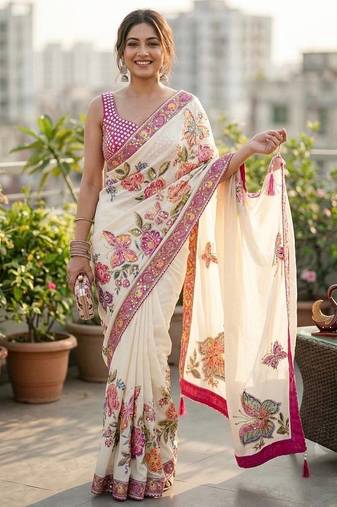 White Color Sequins and Real mirror work with tussles Georgette Saree