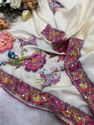 White Color Sequins and Real mirror work with tussles Georgette Saree 2