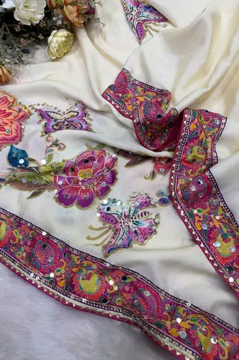 White Color Sequins and Real mirror work with tussles Georgette Saree