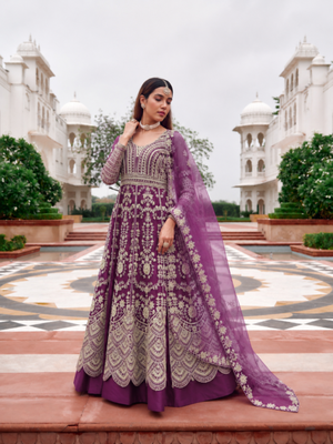 Purple net semi stitched anarkali suit with embroidery & stone work 3