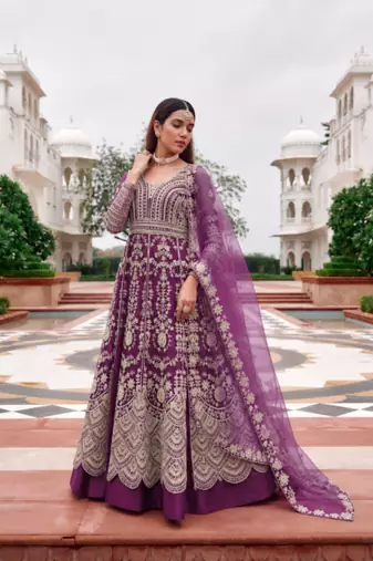 Purple net semi stitched anarkali suit with embroidery & stone work