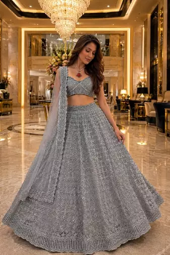 grey color Embellished With Jari Work Heavy Rainbow Dual Sequins Work Net Lehenga Choli Set