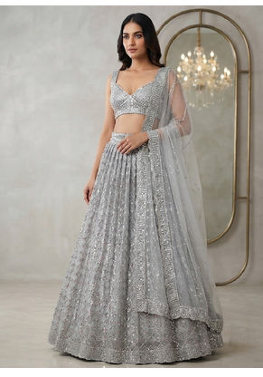 grey color Embellished With Jari Work Heavy Rainbow Dual Sequins Work Net Lehenga Choli Set 1