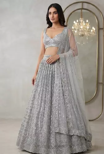 grey color Embellished With Jari Work Heavy Rainbow Dual Sequins Work Net Lehenga Choli Set