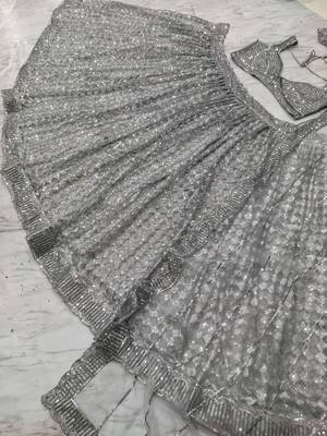 grey color Embellished With Jari Work Heavy Rainbow Dual Sequins Work Net Lehenga Choli Set 2