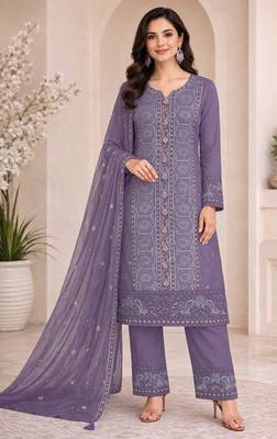 Purple chiffon semi stitched suit with embroidery & sequence work 1