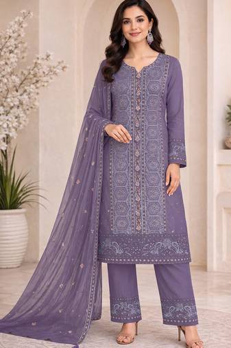 Purple chiffon semi stitched suit with embroidery & sequence work