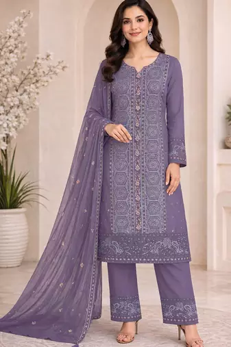 Purple chiffon semi stitched suit with embroidery & sequence work