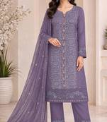 Purple chiffon semi stitched suit with embroidery & sequence work