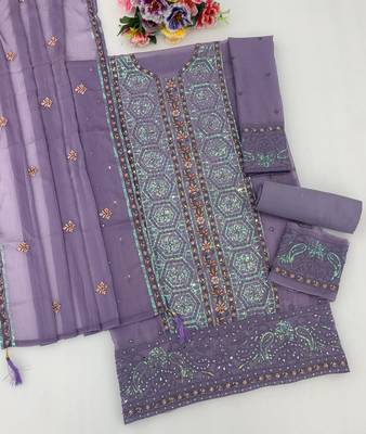 Purple chiffon semi stitched suit with embroidery & sequence work 2