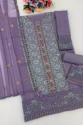 Purple chiffon semi stitched suit with embroidery & sequence work